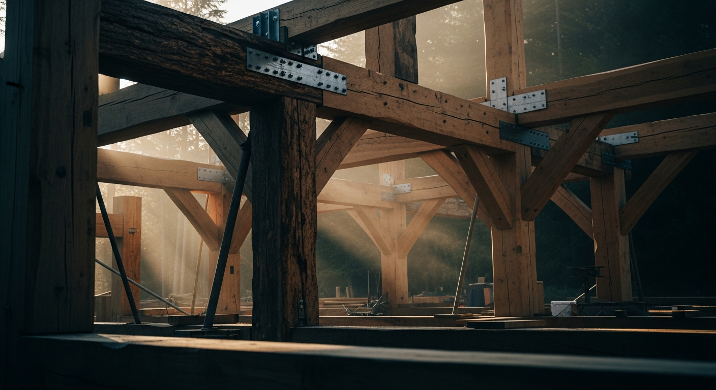 Heavy timber framing construction site