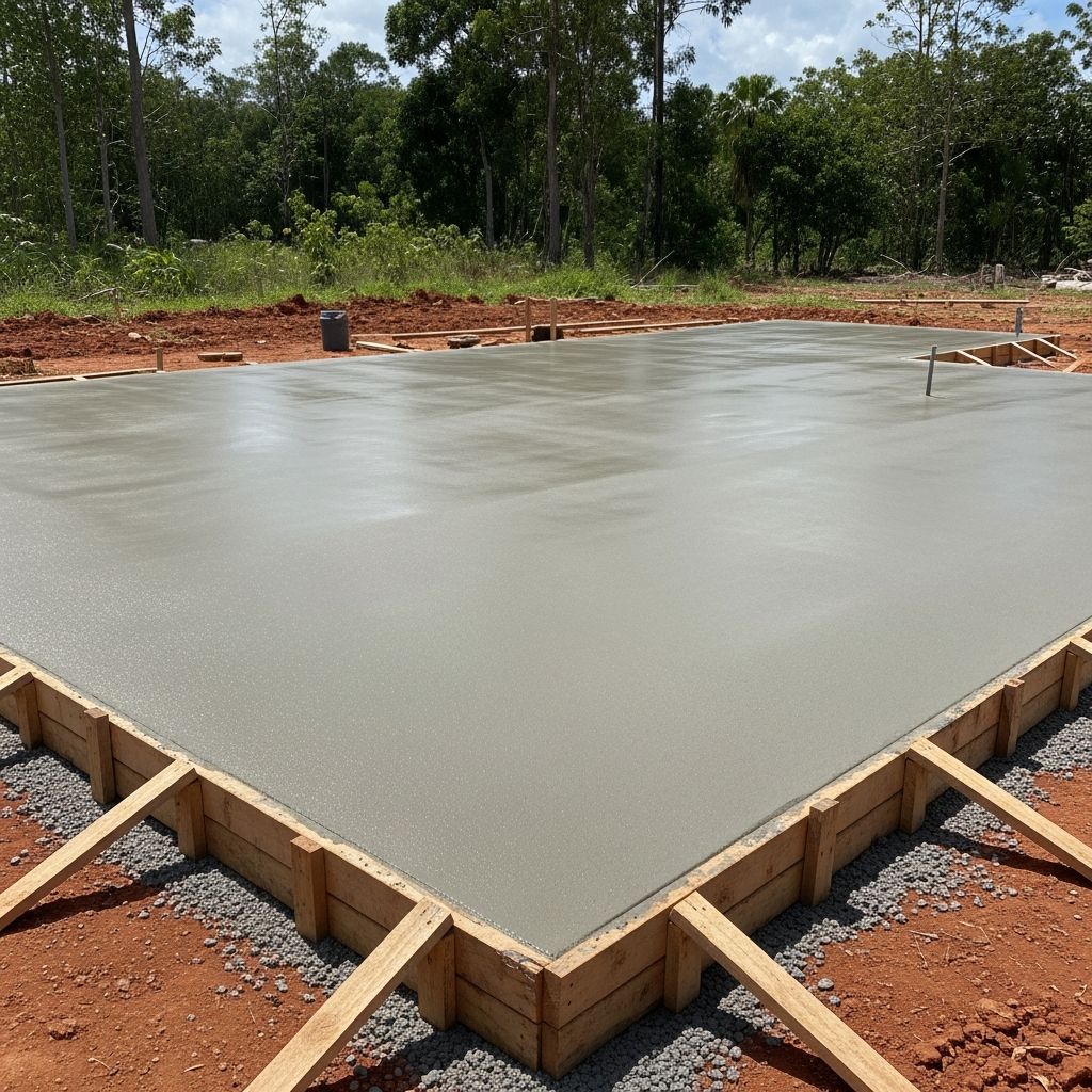 Concrete slab on ground pour for new build Far North Queensland — steel reinforced engineer spec TAW Projects